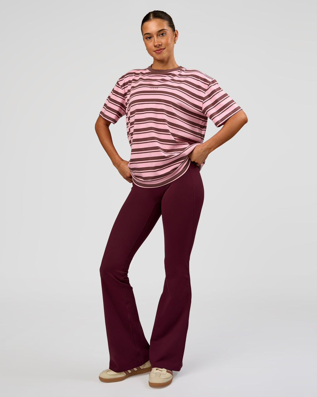 Woman wearing Go-To Shadow Stripe FLXCotton Oversized Tee - Pink Rose-Cocoa Powder | Model:Charli | Size:XS - view 5