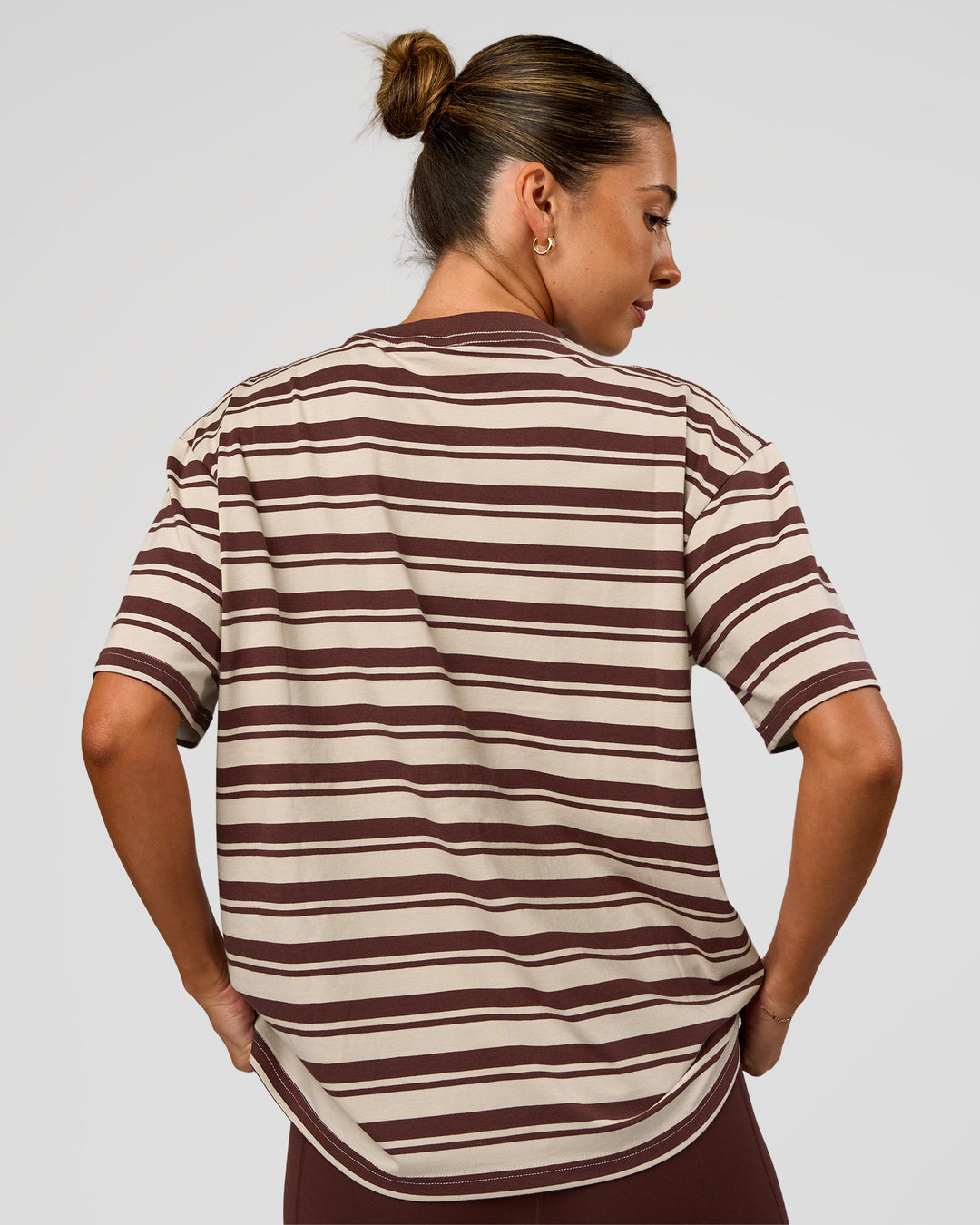 Woman wearing Go-To Shadow Stripe FLXCotton Oversized Tee - Shale Beige-Hot Chocolate | Model:Charli | Size:XS - view 5