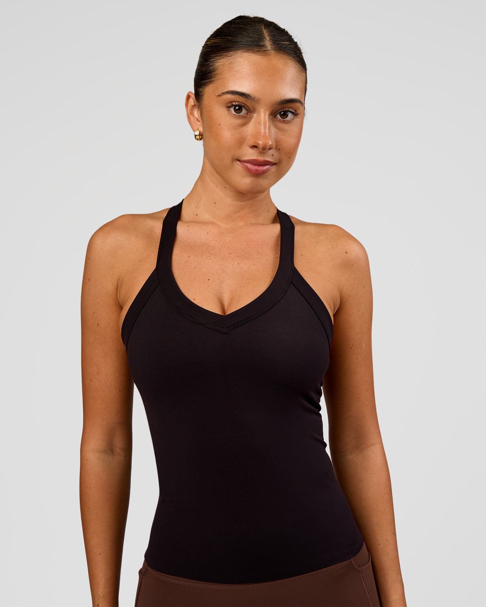 Woman wearing Luxe Comfort Shelf Bra Tank  - Black | Model:Charli | Size:XS
