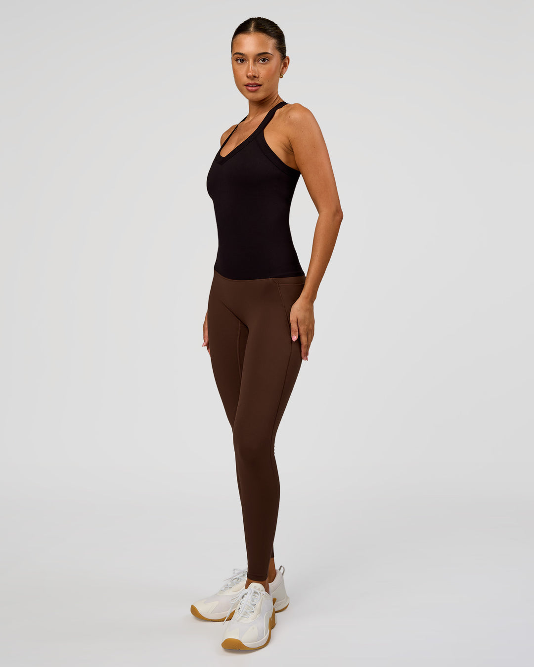 Woman wearing Luxe Comfort Shelf Bra Tank  - Black | Model:Charli | Size:XS - view 5