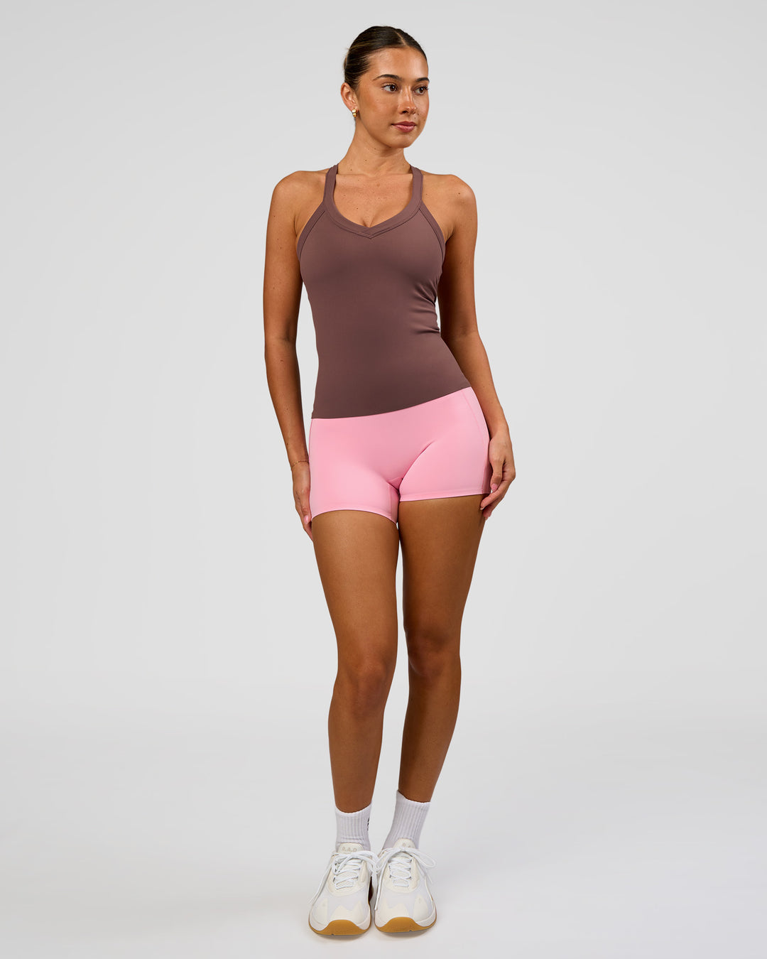 Woman wearing Luxe Comfort Shelf Bra Tank  - Cocoa Powder | Model:Charli | Size:XS - view 4