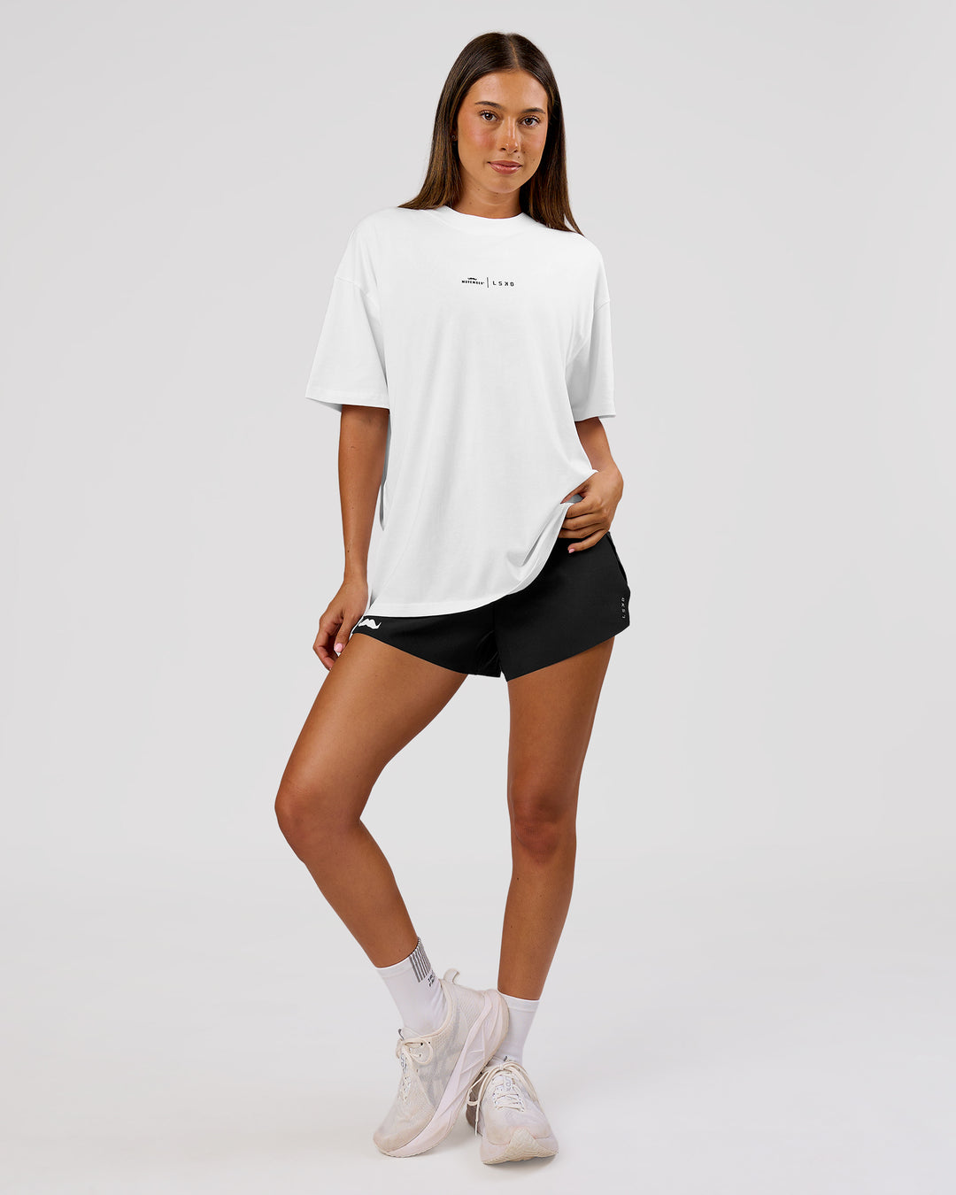 Woman wearing Movember x LSKD FLXCotton Oversize Tee - White-Black | Model:Charli | Size:XS - view 14