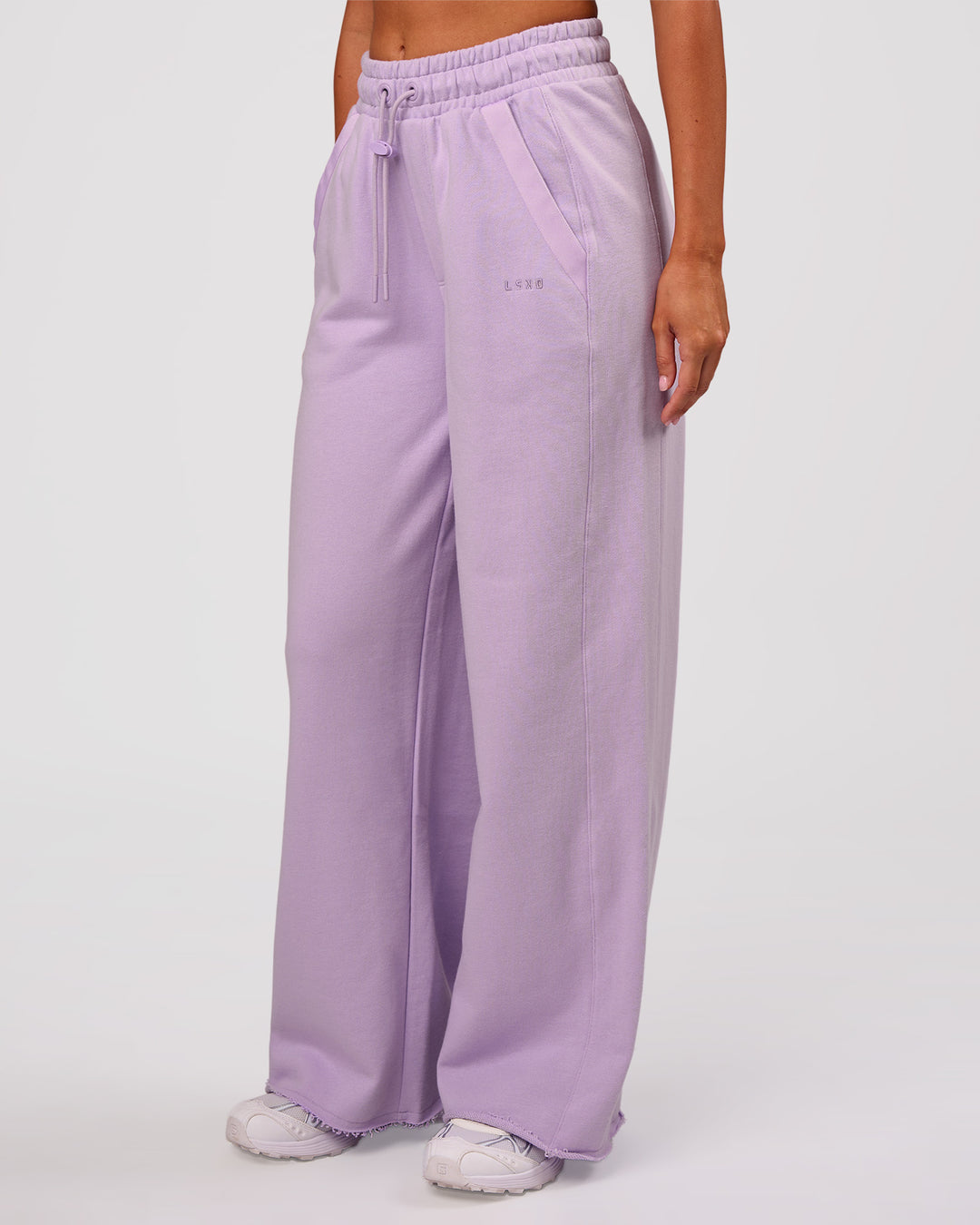Woman wearing MVP Elite Terry Wide Leg Pant - Pale Lilac | Model:Charli | Size:XS - view 3
