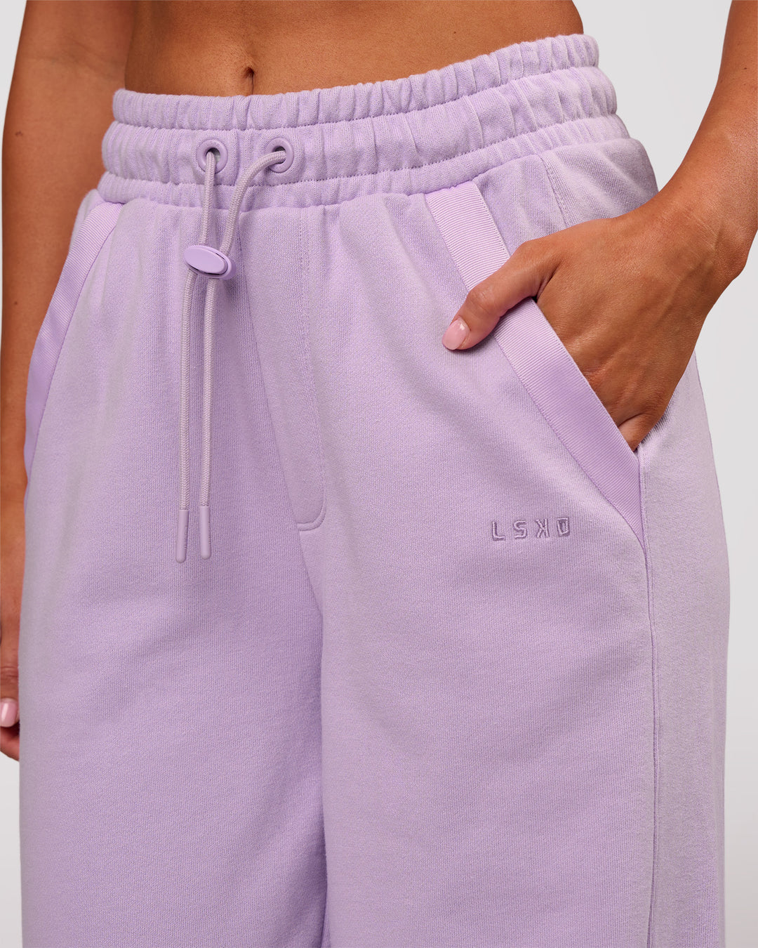 Woman wearing MVP Elite Terry Wide Leg Pant - Pale Lilac | Model:Charli | Size:XS - view 6