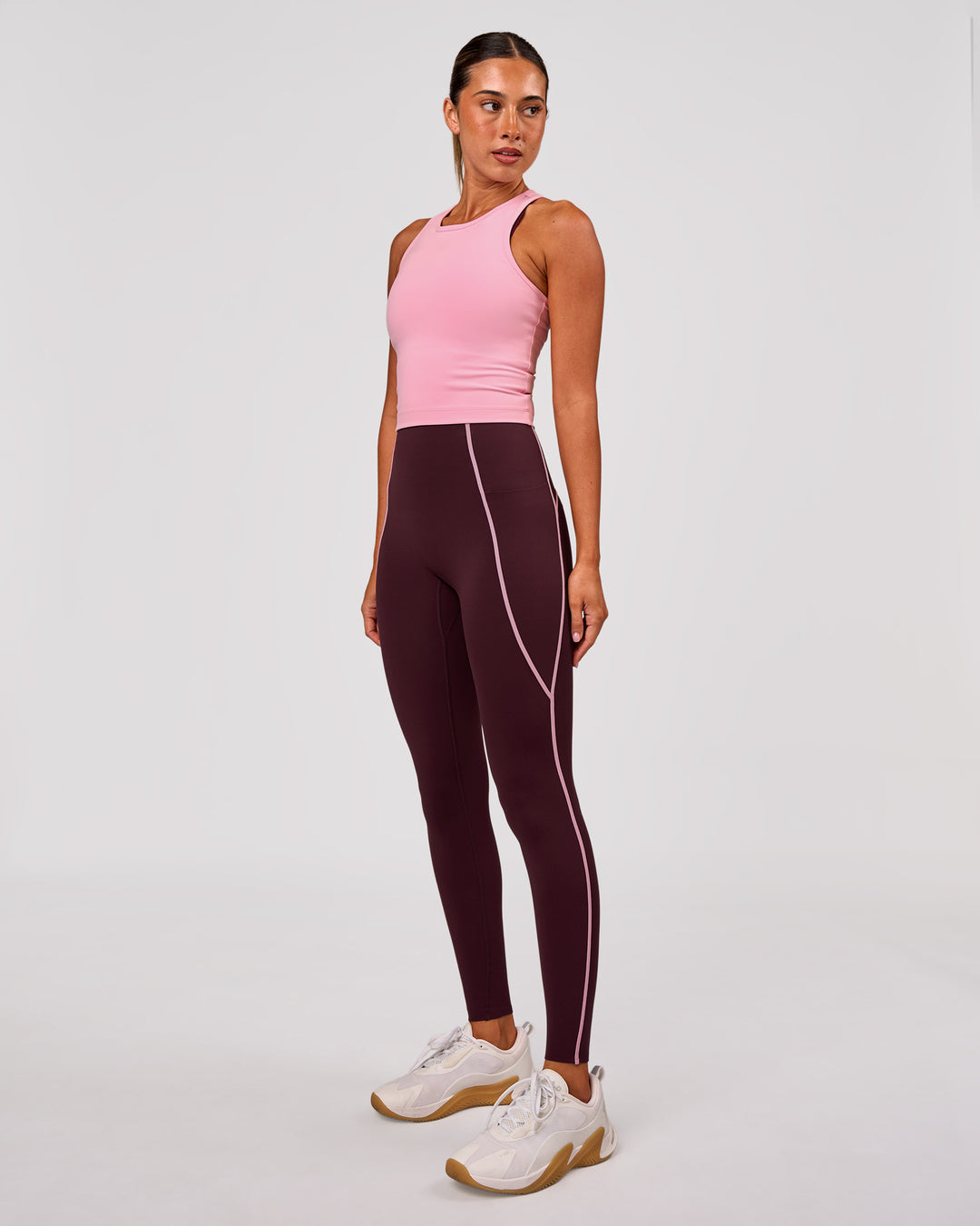 Woman wearing Power Ultra High-Rise Full Length Legging Pockets - Cherry Lacquer-Pink Rose | Model:Charli | Size:XS - view 2