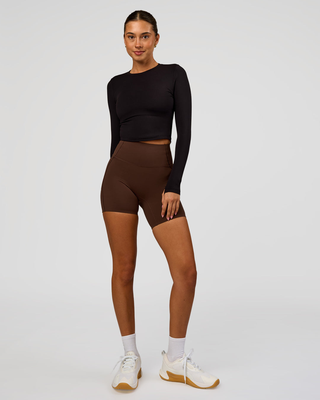 Woman wearing Staple Long Sleeve Cropped Tee 2.0 - Black | Model:Charli | Size:XS - view 4