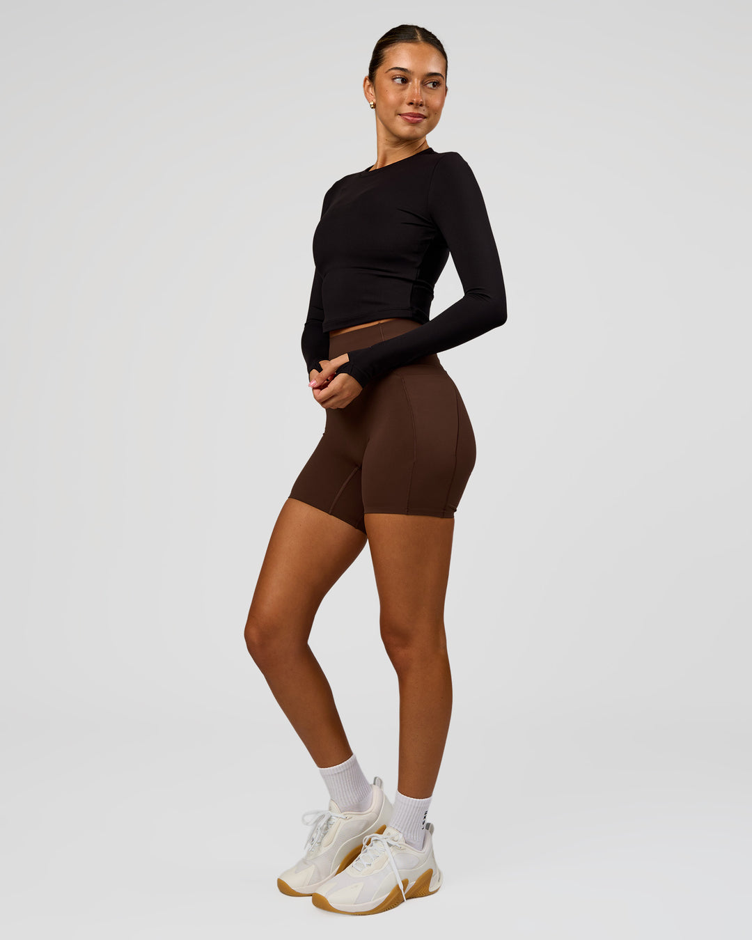 Woman wearing Staple Long Sleeve Cropped Tee 2.0 - Black | Model:Charli | Size:XS - view 5