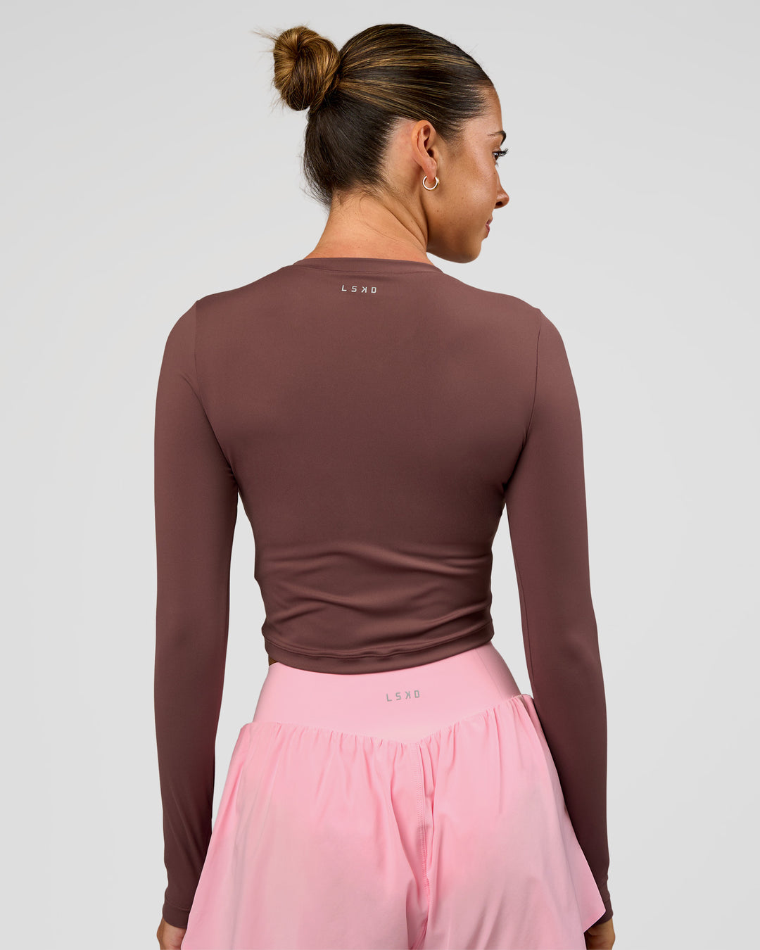 Woman wearing Staple Long Sleeve Cropped Tee 2.0 - Cocoa Powder | Model:Charli | Size:XS - view 3