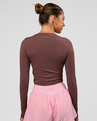 Woman wearing Staple Long Sleeve Cropped Tee 2.0 - Cocoa Powder | Model:Charli | Size:XS | Thumbnail Index: 2