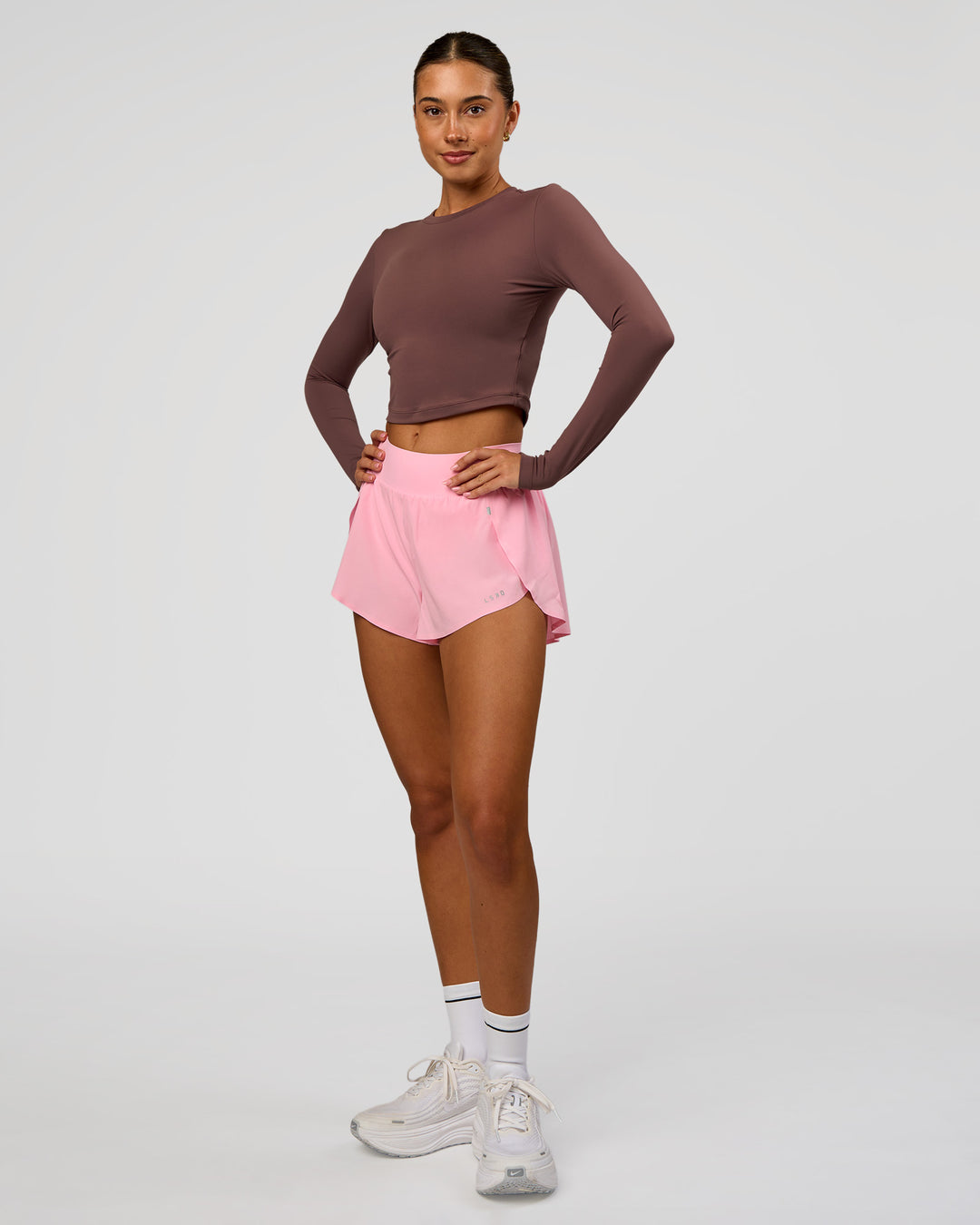 Woman wearing Staple Long Sleeve Cropped Tee 2.0 - Cocoa Powder | Model:Charli | Size:XS - view 4