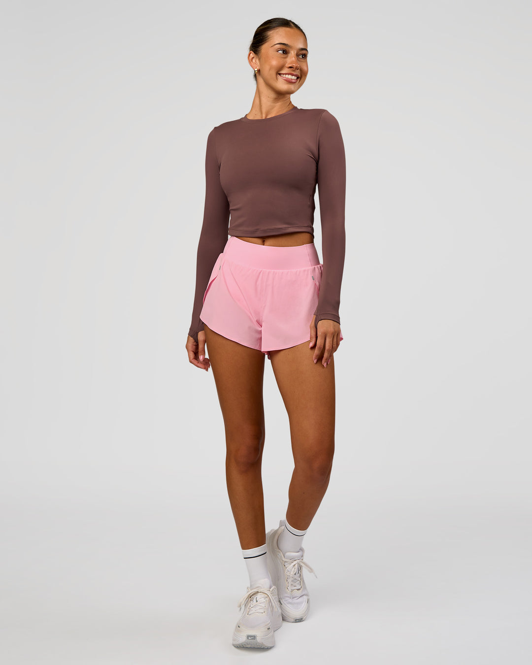 Woman wearing Staple Long Sleeve Cropped Tee 2.0 - Cocoa Powder | Model:Charli | Size:XS - view 5