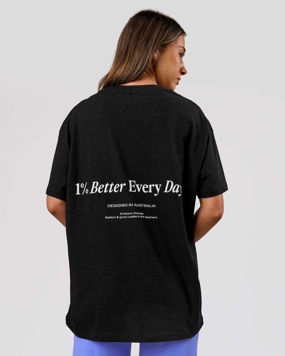 Woman wearing VS26 1% Better FLXCotton Oversize Tee - Black-White | Model:Charli | Size:XS - view 3
