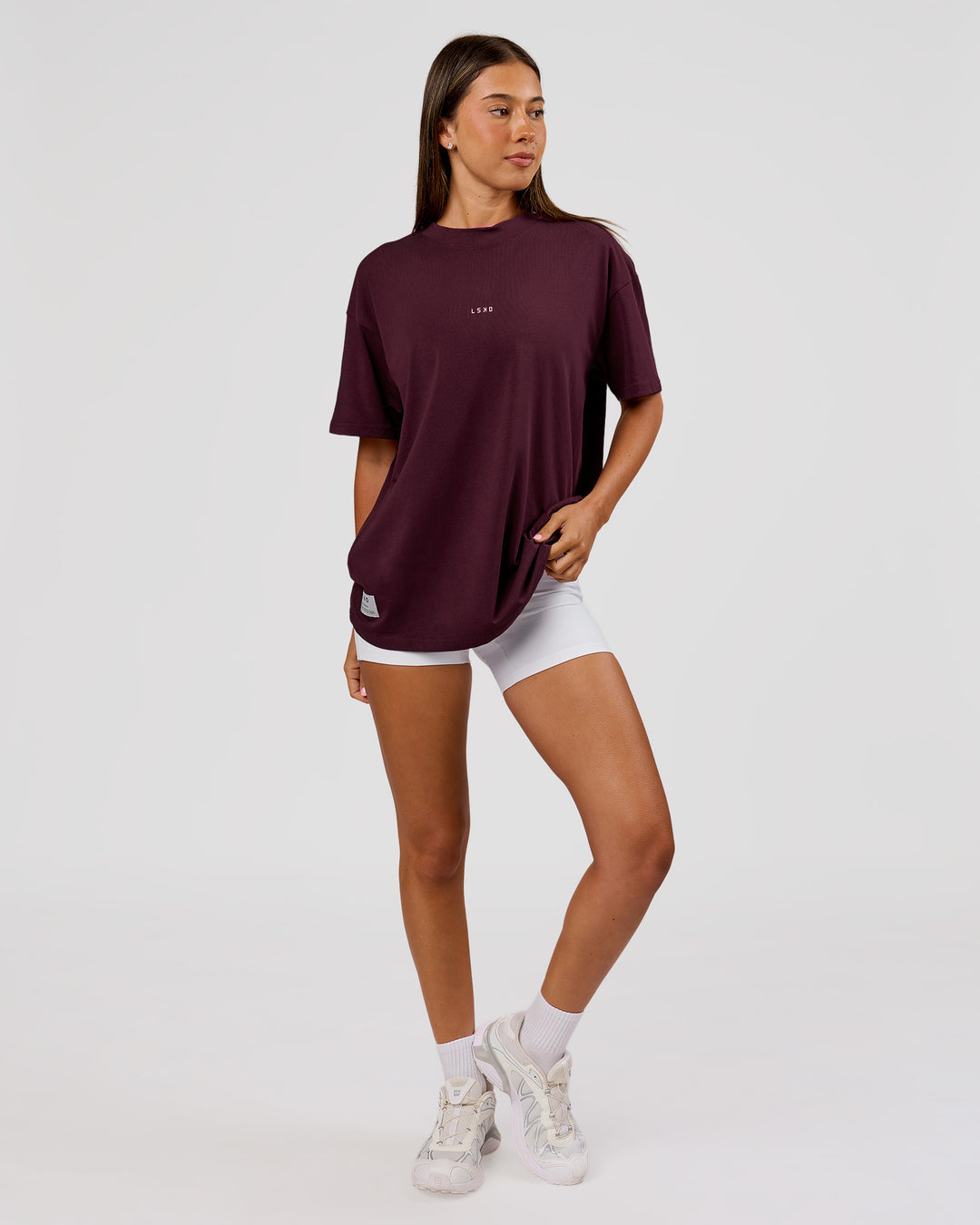 Woman wearing VS26 1% Better FLXCotton Oversize Tee - Cherry Lacquer-Off White | Model:Charli | Size:XS - view 15