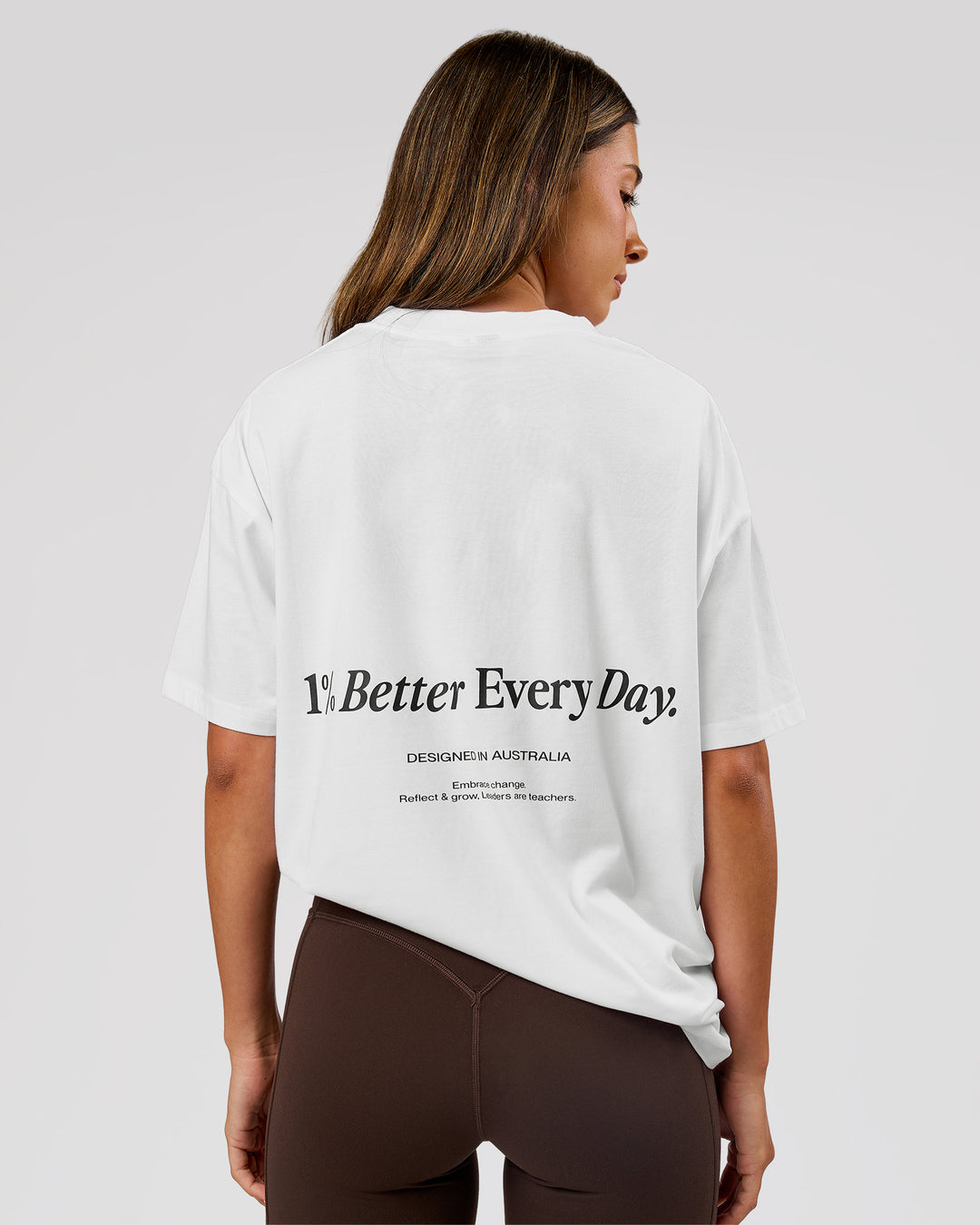 Woman wearing VS26 1% Better FLXCotton Oversize Tee - White-Black | Model:Charli | Size:XS - view 3