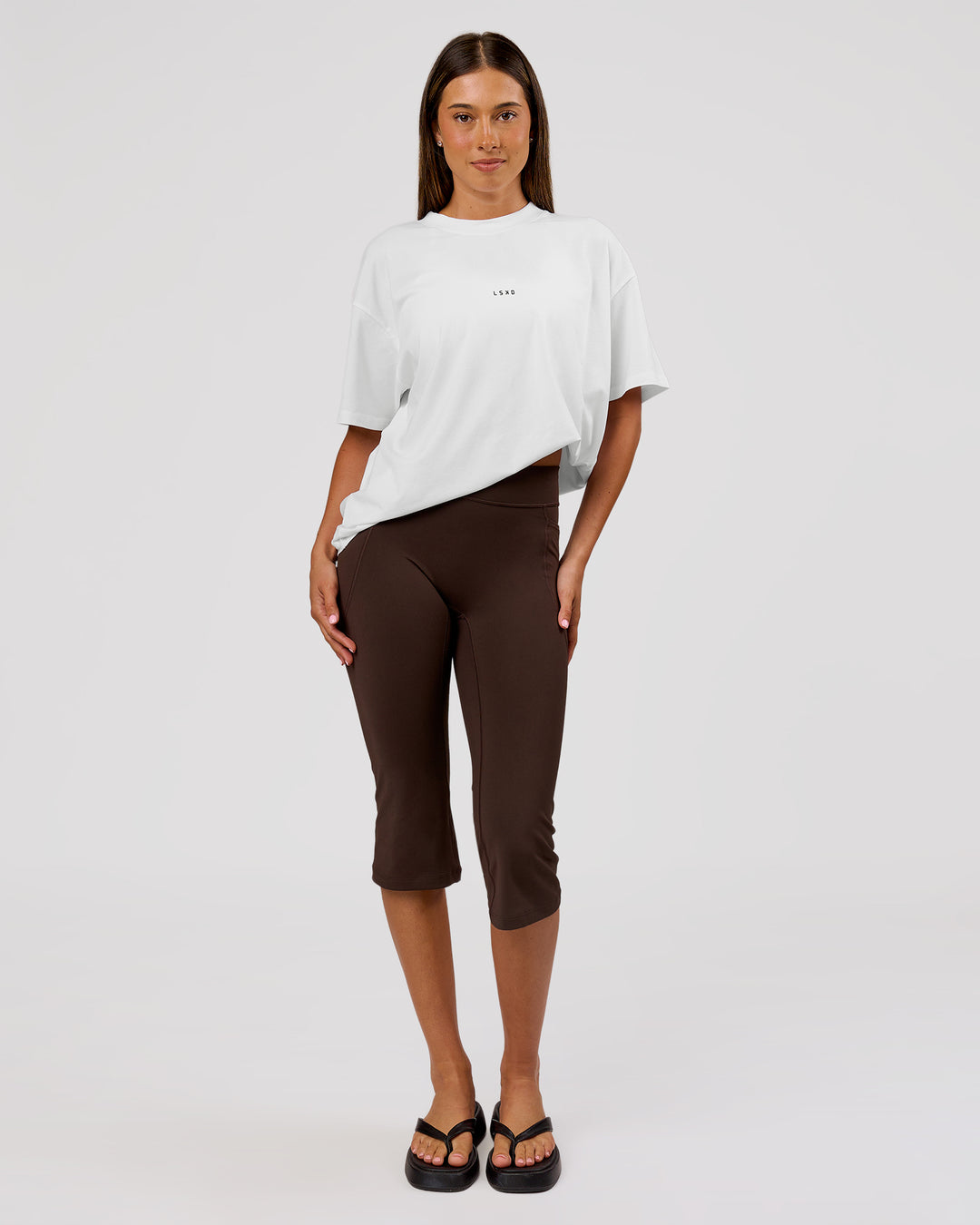 Woman wearing VS26 1% Better FLXCotton Oversize Tee - White-Black | Model:Charli | Size:XS - view 18