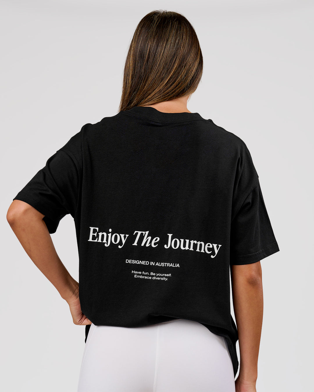 Woman wearing VS26 Journey FLXCotton Oversize Tee - Black-White | Model:Charli | Size:XS - view 3