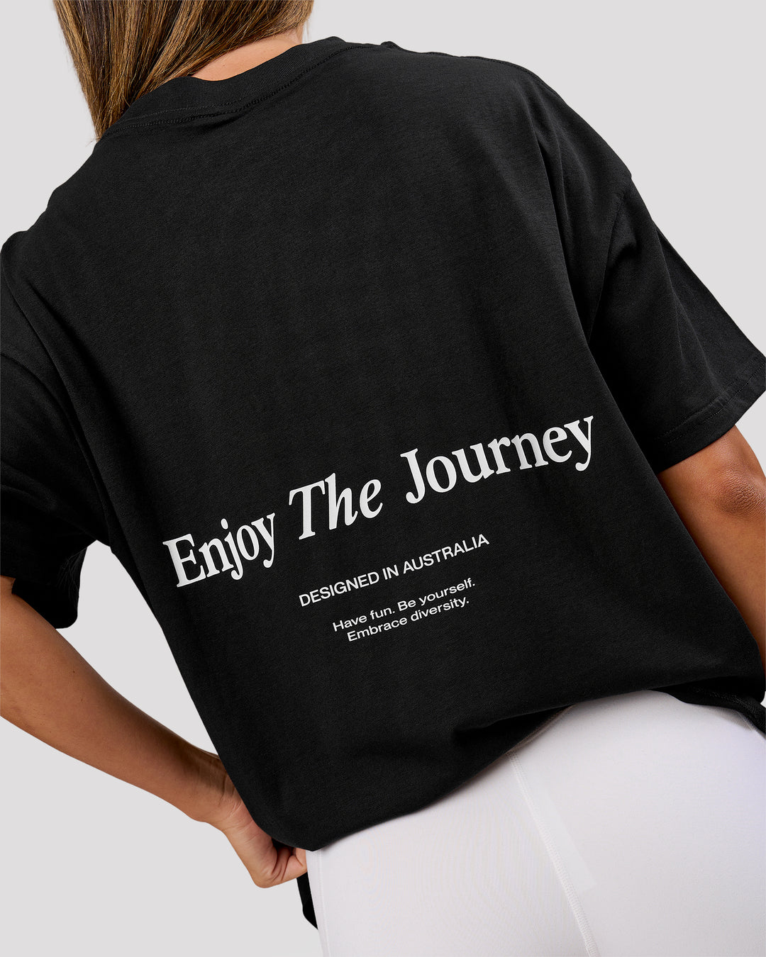 Woman wearing VS26 Journey FLXCotton Oversize Tee - Black-White | Model:Charli | Size:XS - view 12