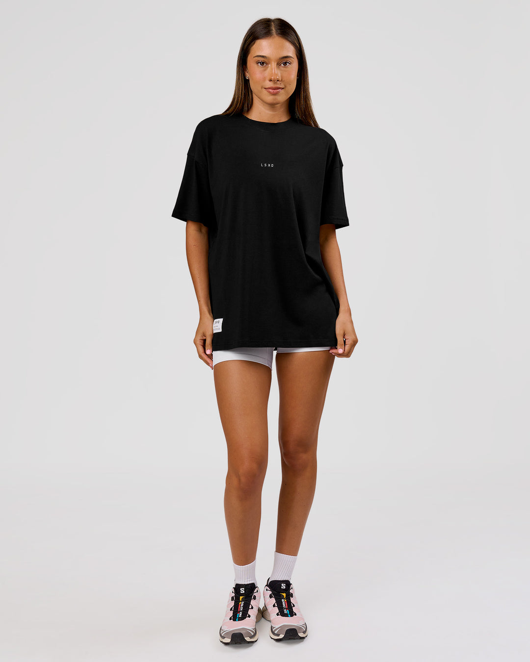 Woman wearing VS26 Journey FLXCotton Oversize Tee - Black-White | Model:Charli | Size:XS - view 14