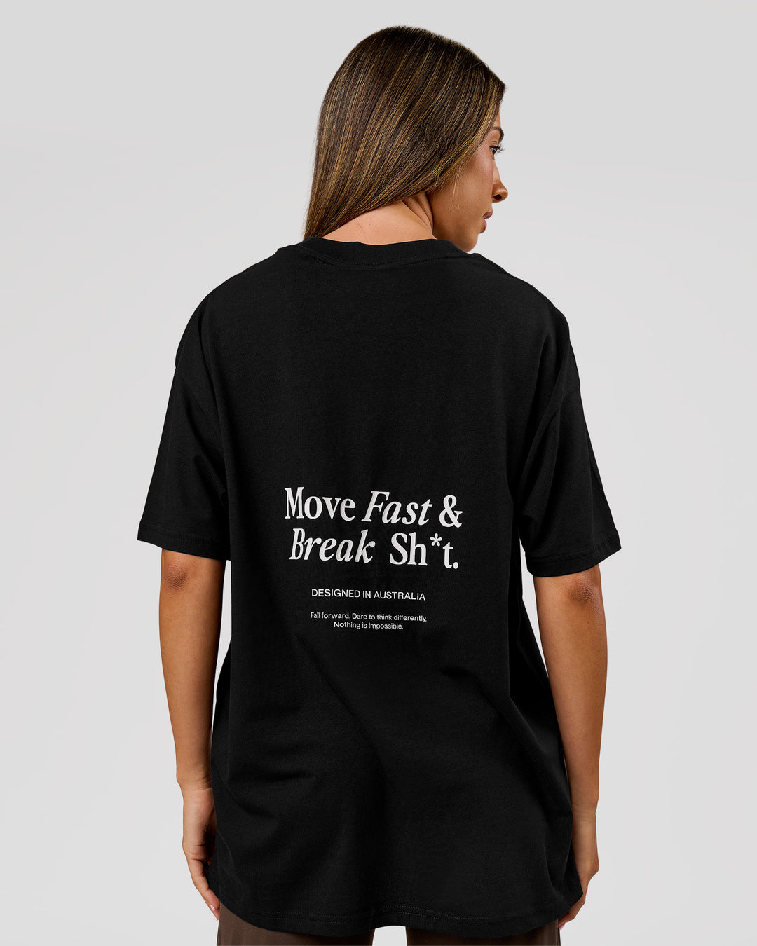 Woman wearing VS26 MFBS FLXCotton Oversize Tee - Black-White | Model:Charli | Size:XS - view 3