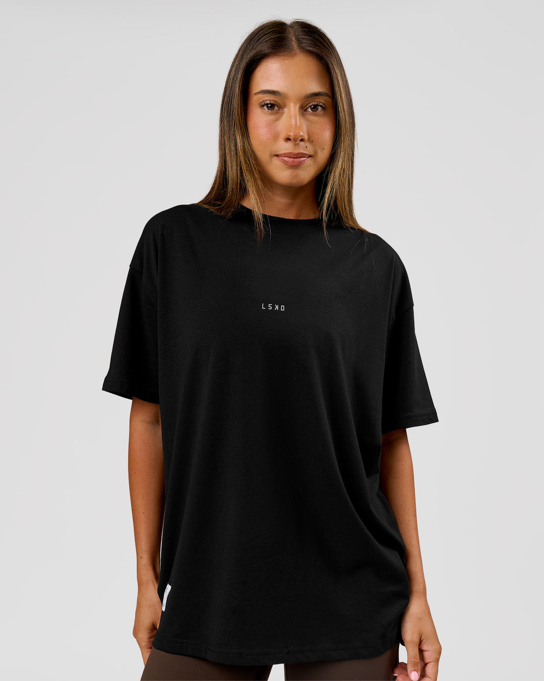 Woman wearing VS26 MFBS FLXCotton Oversize Tee - Black-White | Model:Charli | Size:XS - view 6