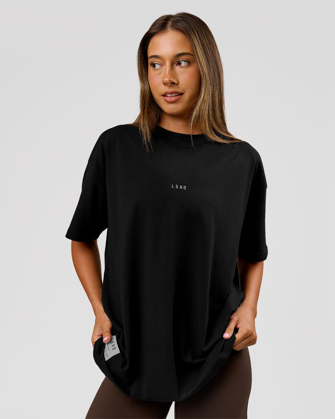 Woman wearing VS26 MFBS FLXCotton Oversize Tee - Black-White | Model:Charli | Size:XS - view 8