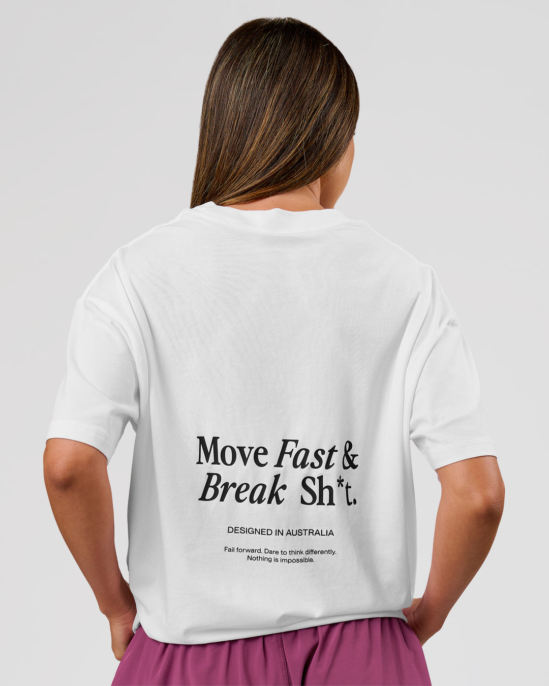 Woman wearing VS26 MFBS FLXCotton Oversize Tee - White-Black | Model:Charli | Size:XS - view 3