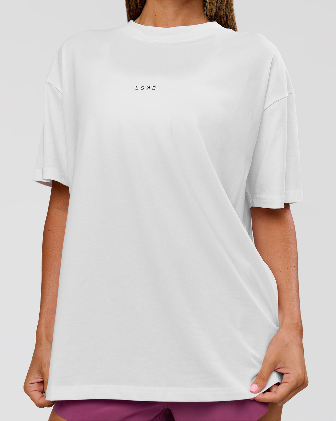 Woman wearing VS26 MFBS FLXCotton Oversize Tee - White-Black | Model:Charli | Size:XS - view 6
