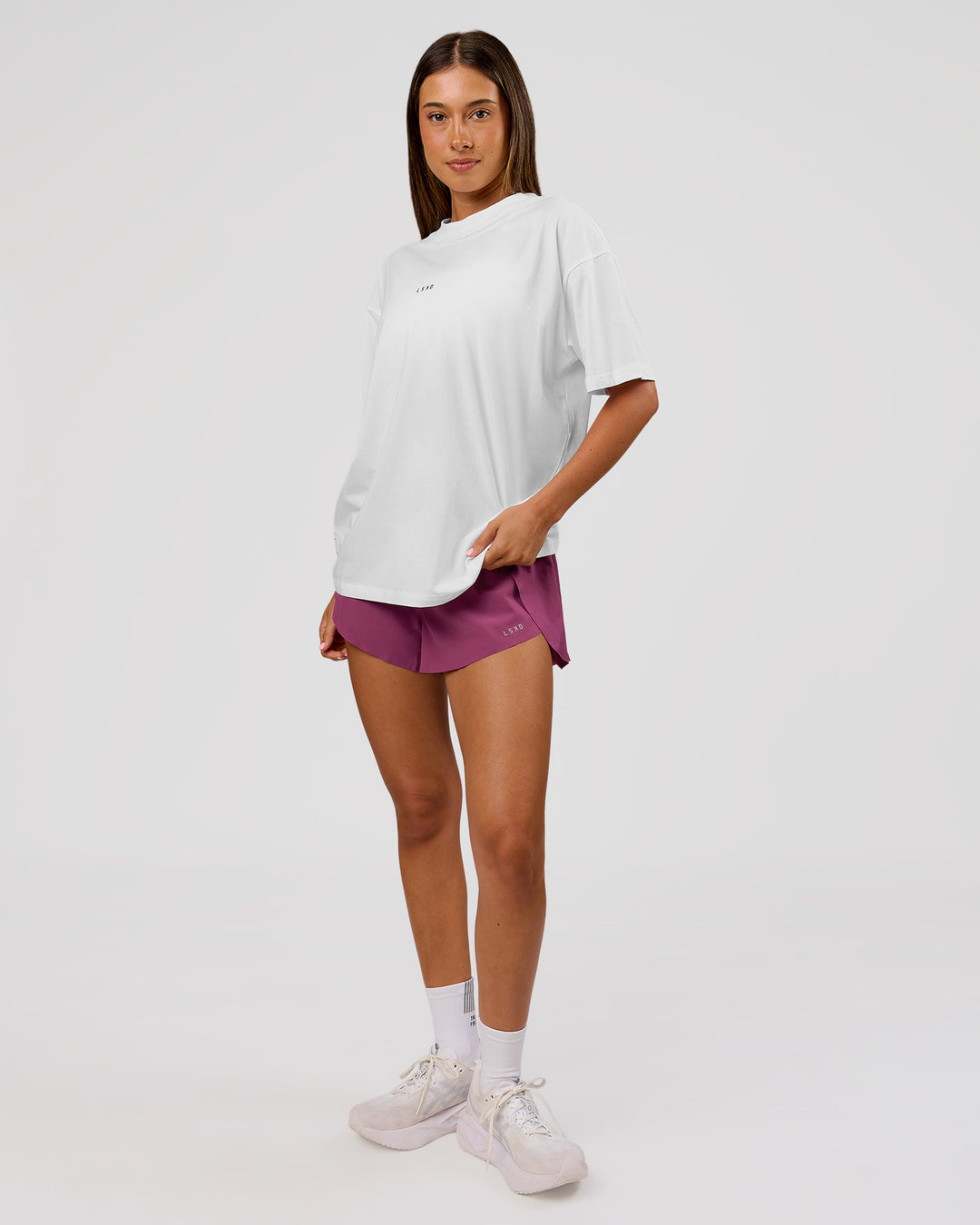 Woman wearing VS26 MFBS FLXCotton Oversize Tee - White-Black | Model:Charli | Size:XS - view 10