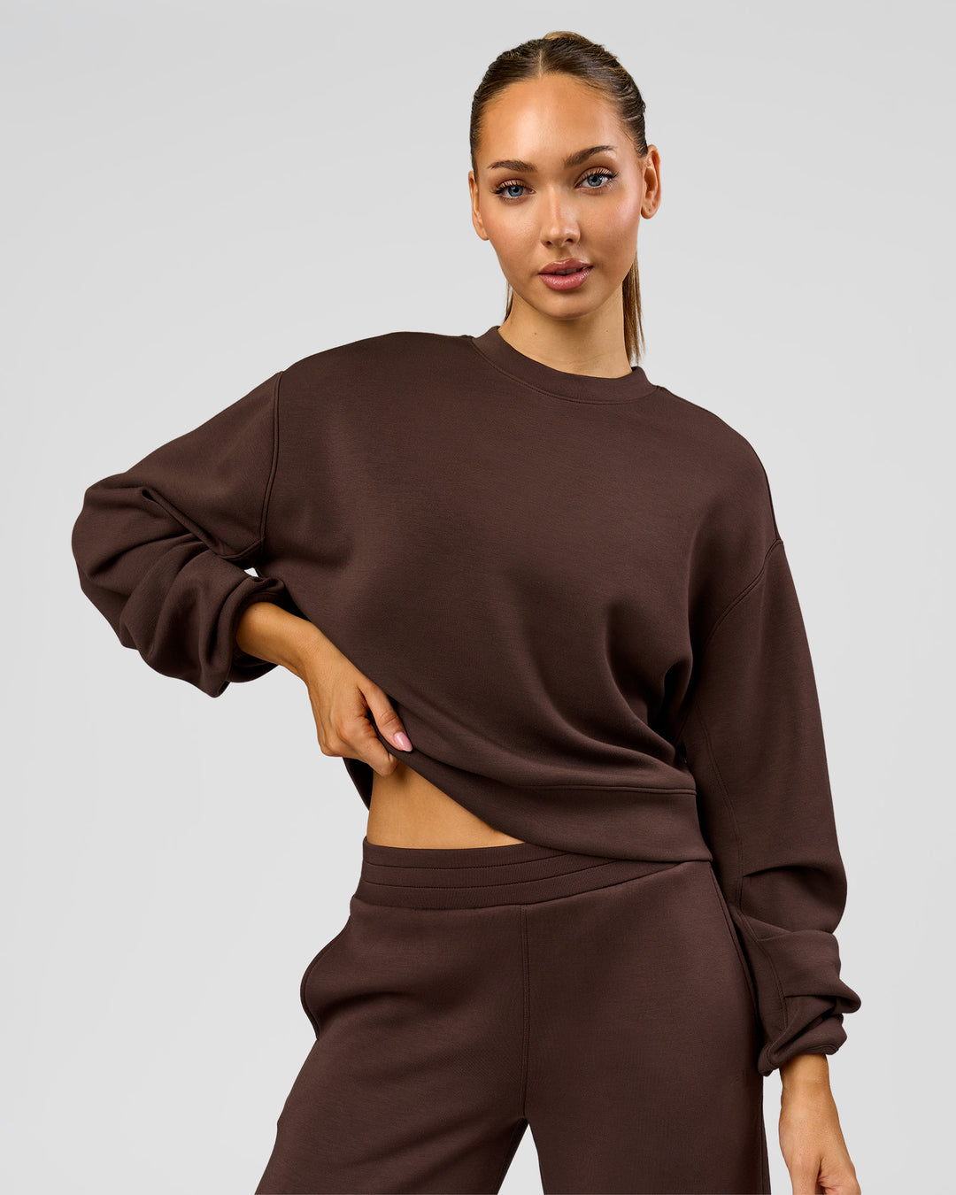 Woman wearing Elevate SoftTouch Draped Sleeve Sweater - Hot Chocolate | Model:Claire | Size:XS - view 1
