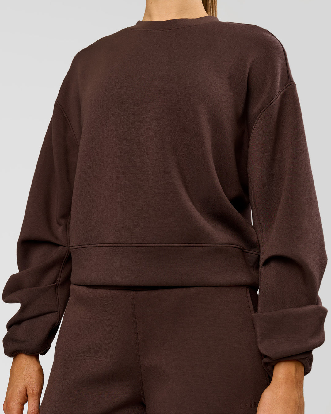 Woman wearing Elevate SoftTouch Draped Sleeve Sweater - Hot Chocolate | Model:Claire | Size:XS - view 5