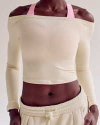 Woman wearing Bree Bardot Long Sleeve Top - Vanilla Bean | Model:Desleigh | Size:XS | Thumbnail Index: 1