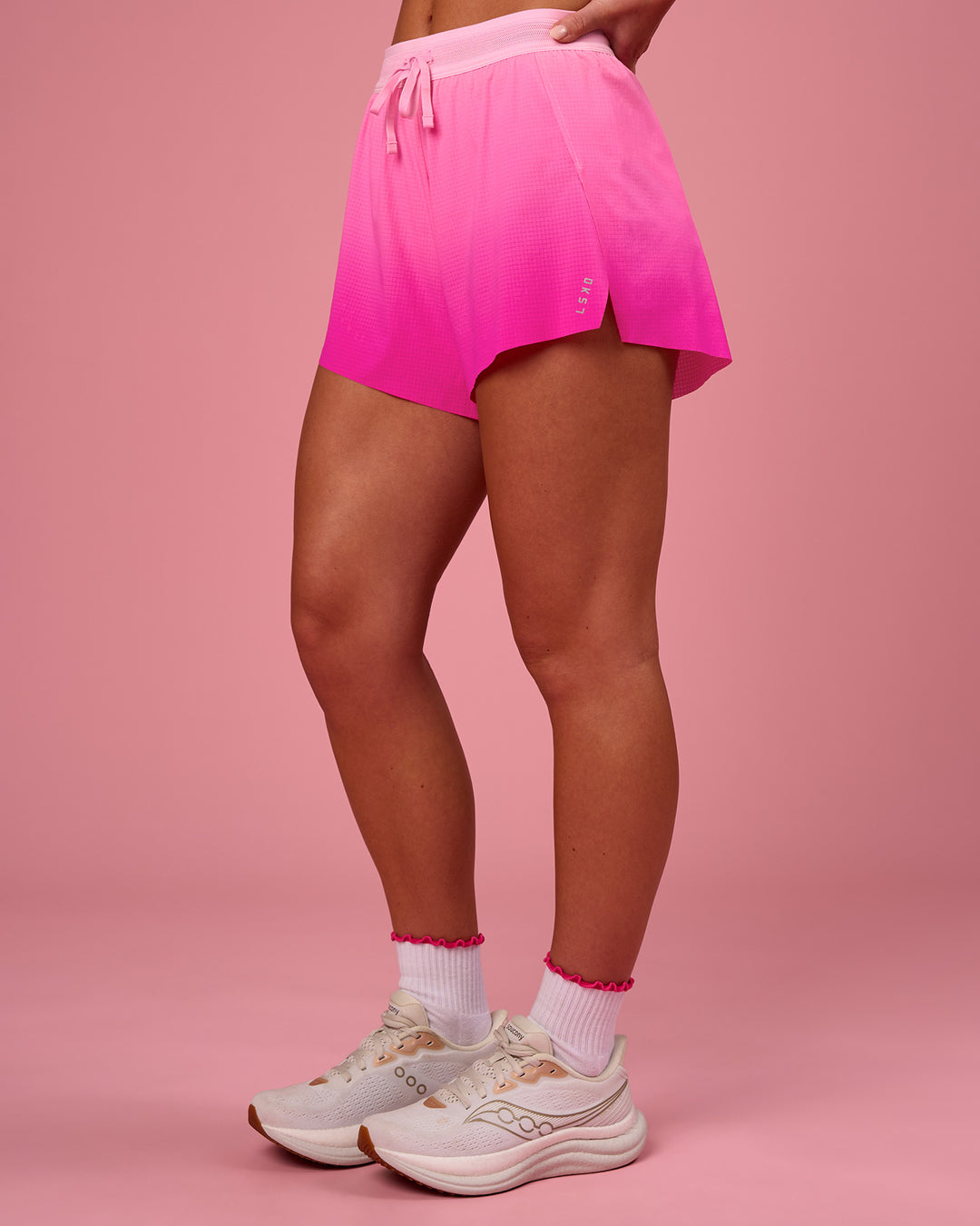 Woman wearing Accelerate Gradient 3" High-Rise Running Short - Pink Rose-Ultra Pink Gradient | Model:Issy | Size:XS - view 6