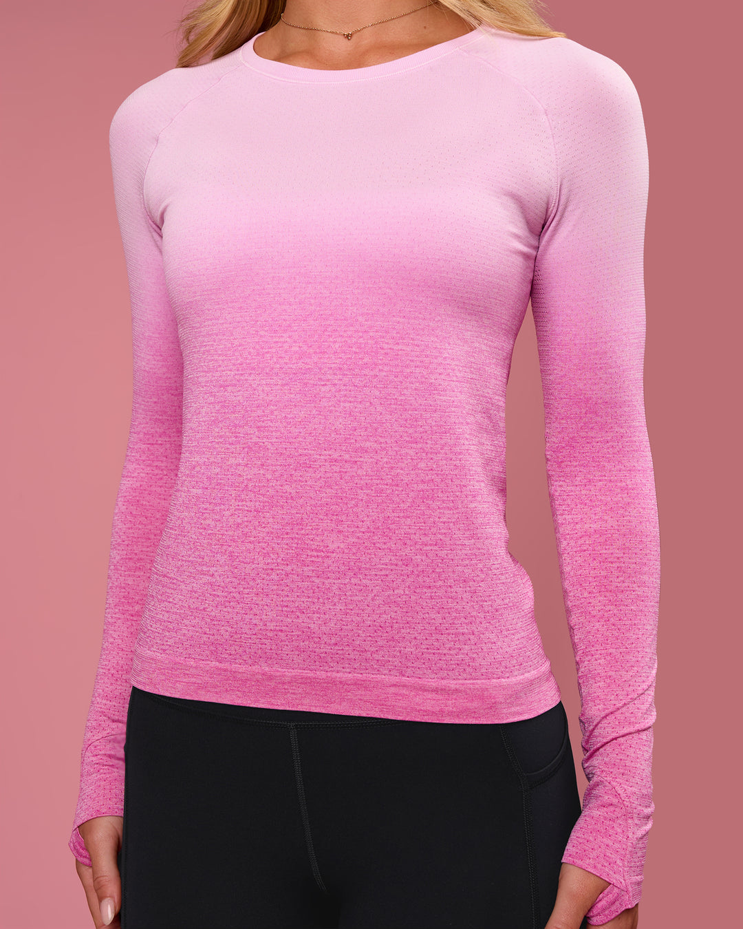 Woman wearing AeroFLX+ Seamless Long Sleeve Tee - Ultra Pink/Marshmallow Dip Dye | Model:Issy | Size:XS - view 2
