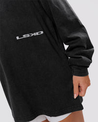 Woman wearing Backline Washed Heavyweight Oversized LS Tee - Black Washed | Model:Issy | Size:XS | Thumbnail Index: 13