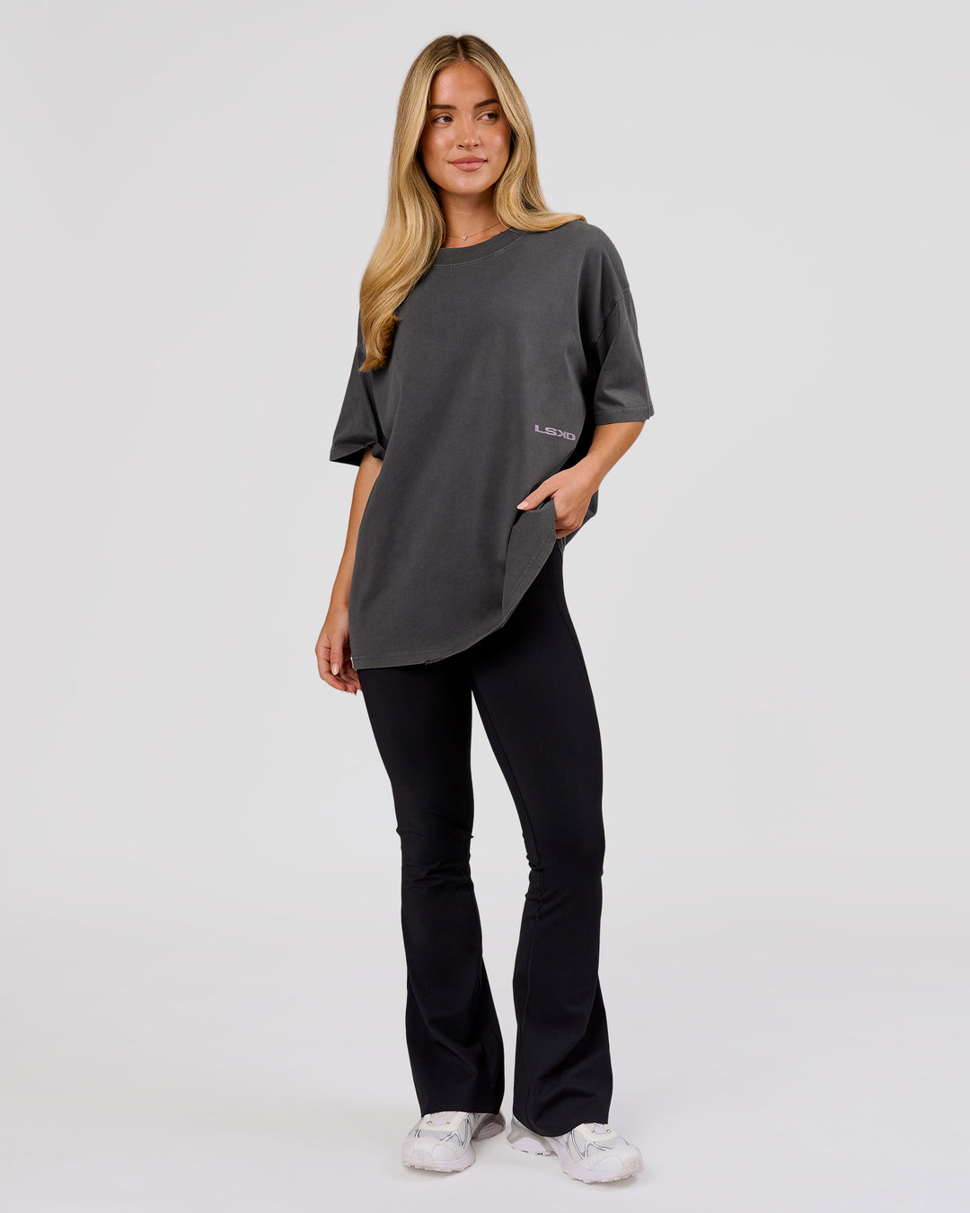 Woman wearing Backline Washed Heavyweight Oversized Tee - Asphalt Washed | Model:Issy | Size:XS - view 4