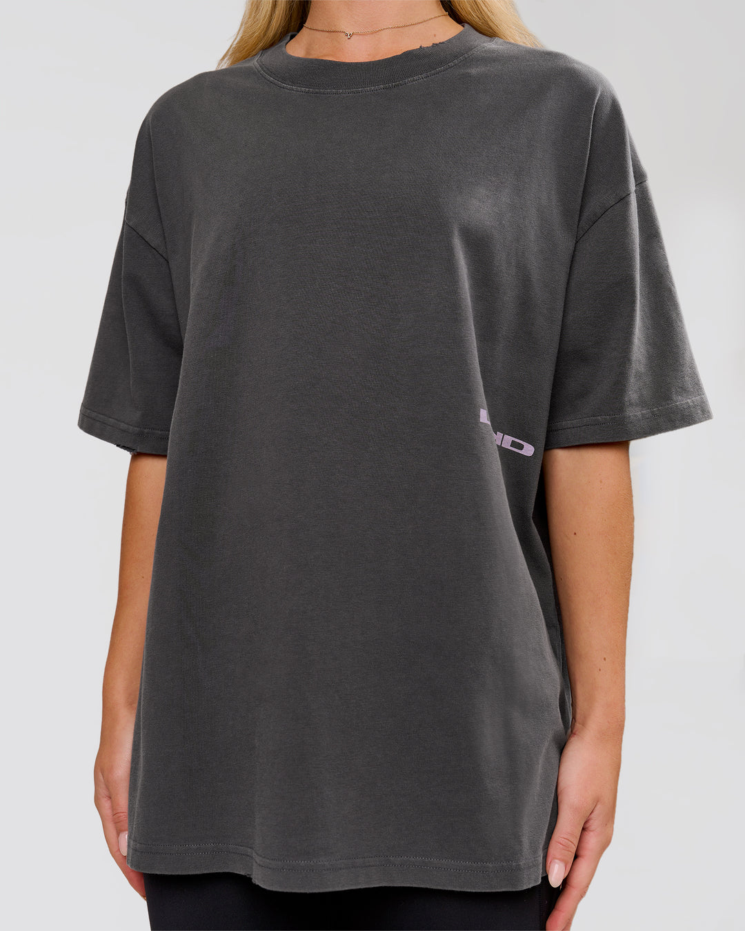 Woman wearing Backline Washed Heavyweight Oversized Tee - Asphalt Washed | Model:Issy | Size:XS - view 8