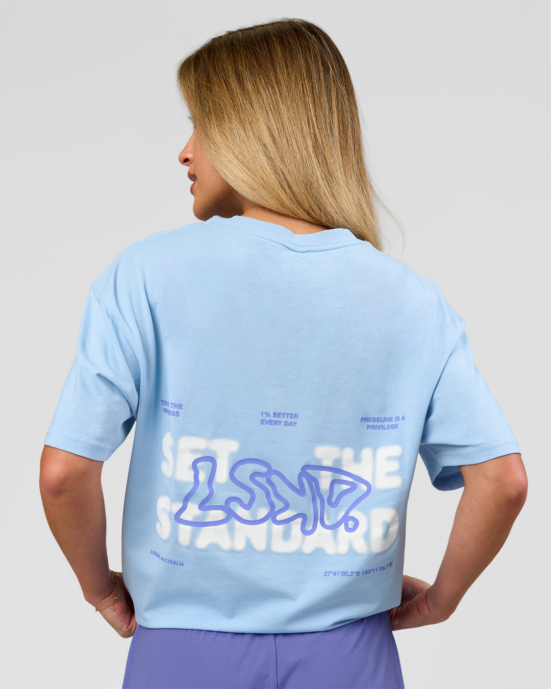 Woman wearing Benchmark FLXCotton Oversized Tee - Open Air-Blue Bell | Model:Issy | Size:XS - view 2