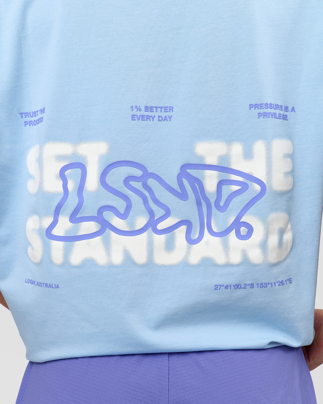 Woman wearing Benchmark FLXCotton Oversized Tee - Open Air-Blue Bell | Model:Issy | Size:XS - view 3