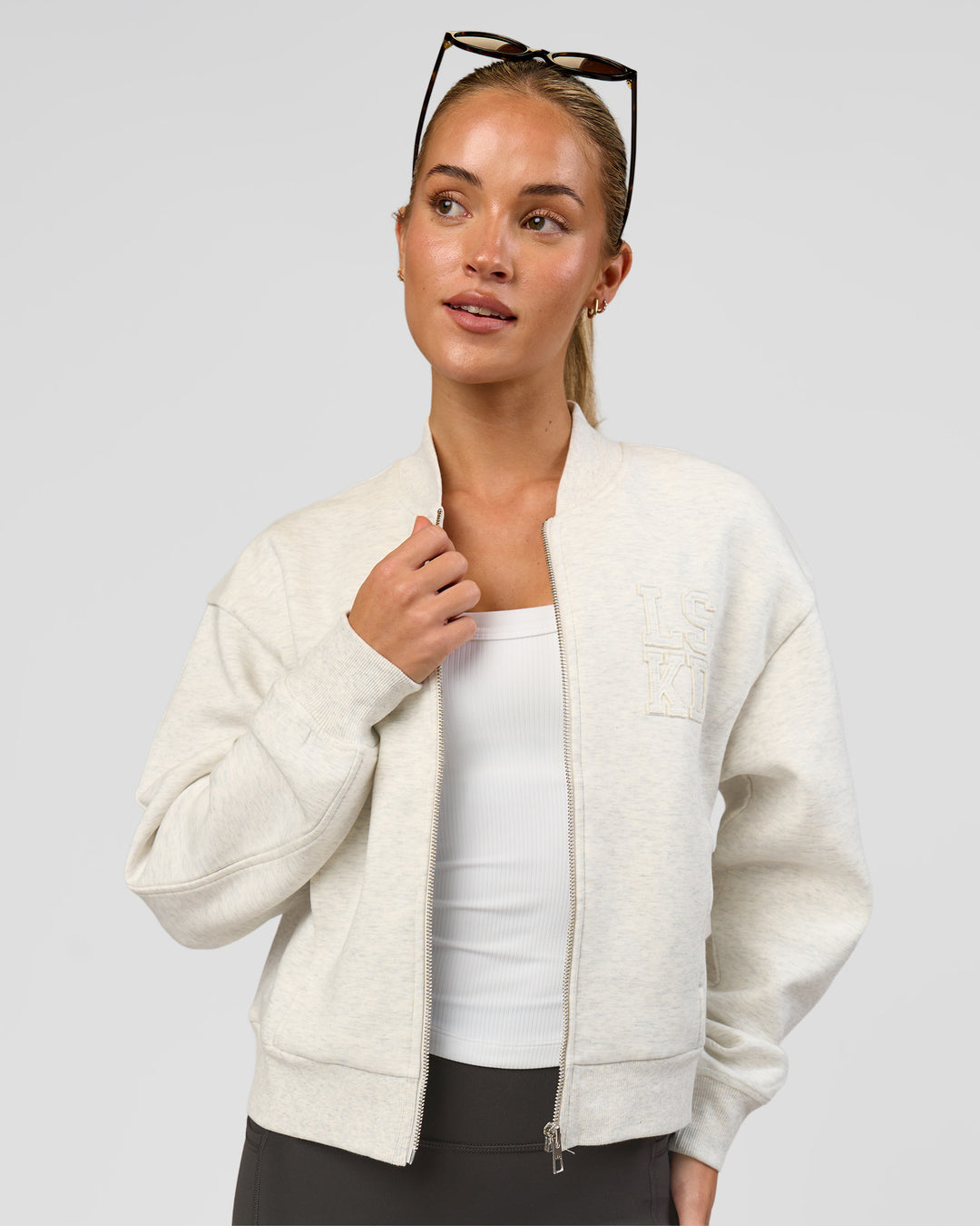 Woman wearing Bomber ZeroCrease Spacer Jacket - Silver Marl | Model:Issy | Size:XS - view 1