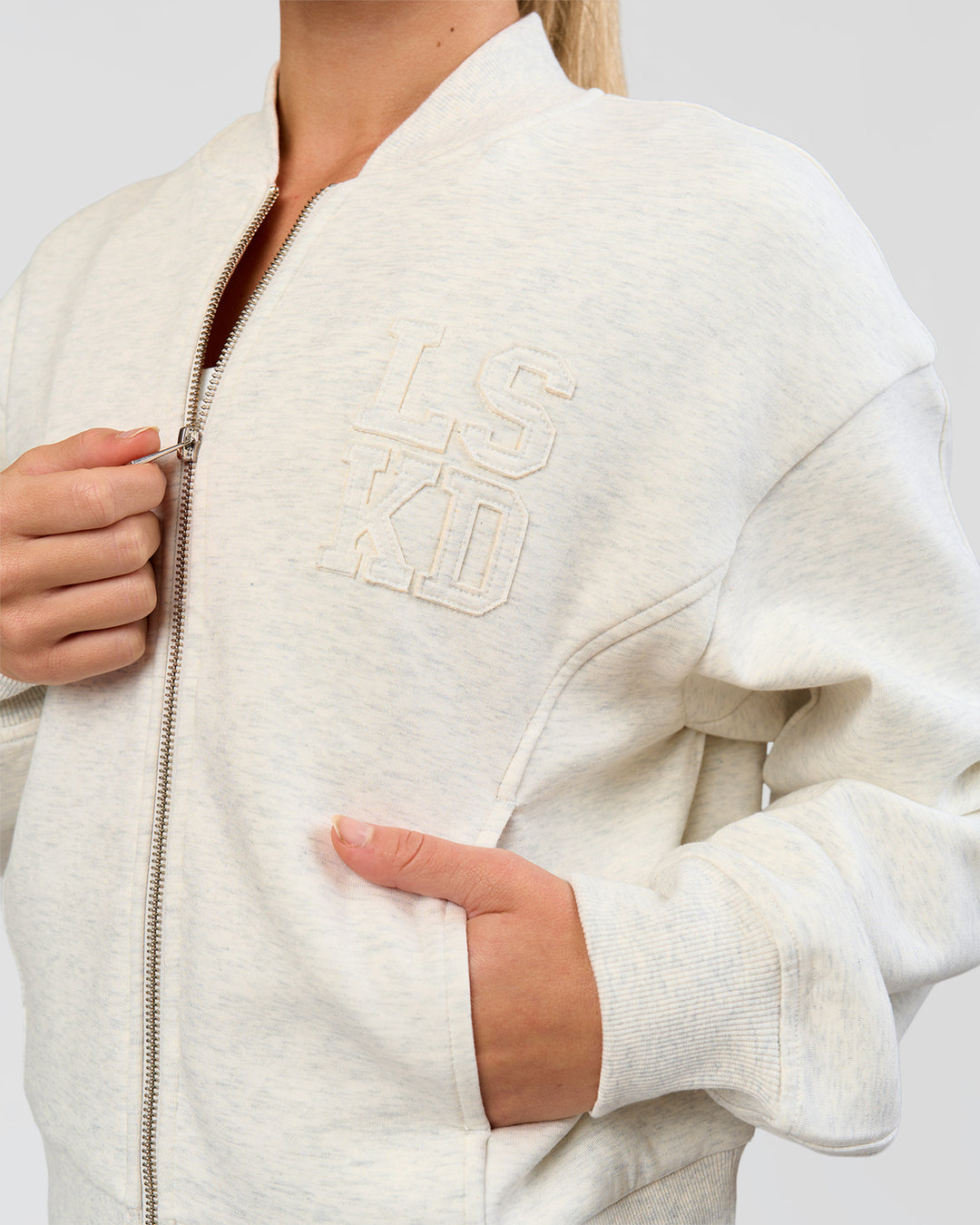 Woman wearing Bomber ZeroCrease Spacer Jacket - Silver Marl | Model:Issy | Size:XS - view 3
