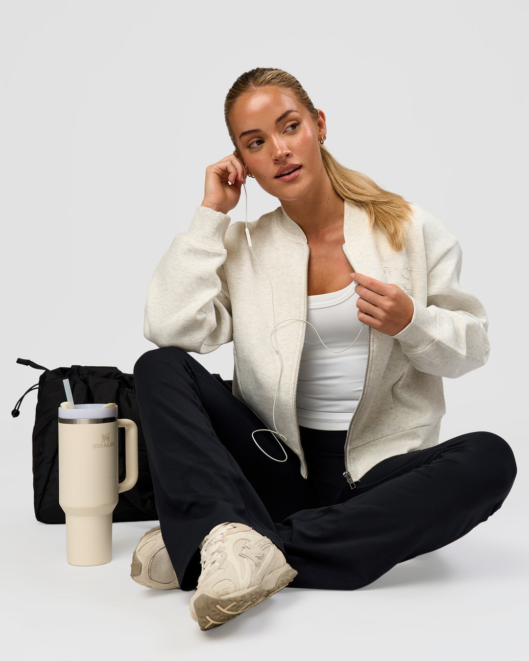 Woman wearing Bomber ZeroCrease Spacer Jacket - Silver Marl | Model:Issy | Size:XS - view 7