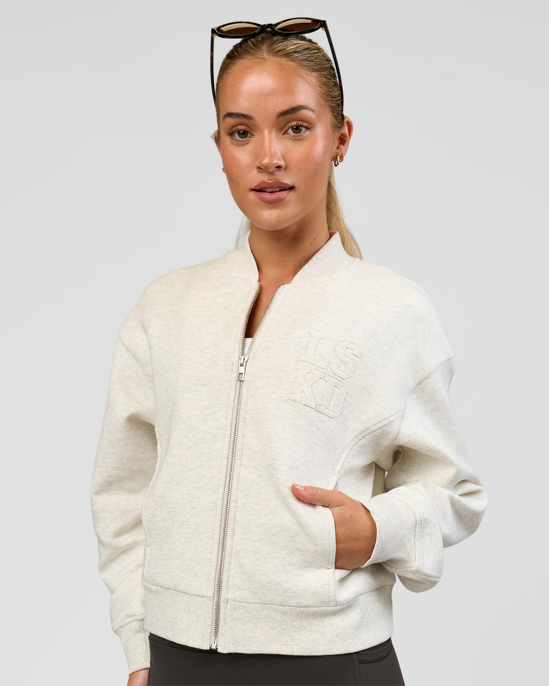 Woman wearing Bomber ZeroCrease Spacer Jacket - Silver Marl | Model:Issy | Size:XS - view 8