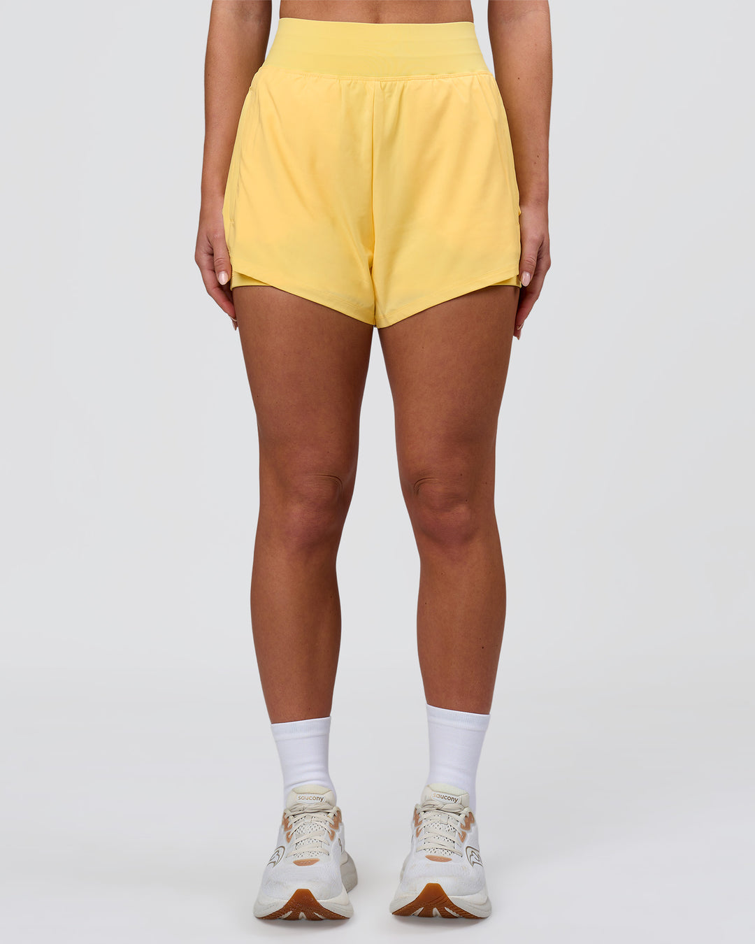 Woman wearing Challenger 3" Lined Performance Short - Lemon | Model:Issy | Size:XS - view 6