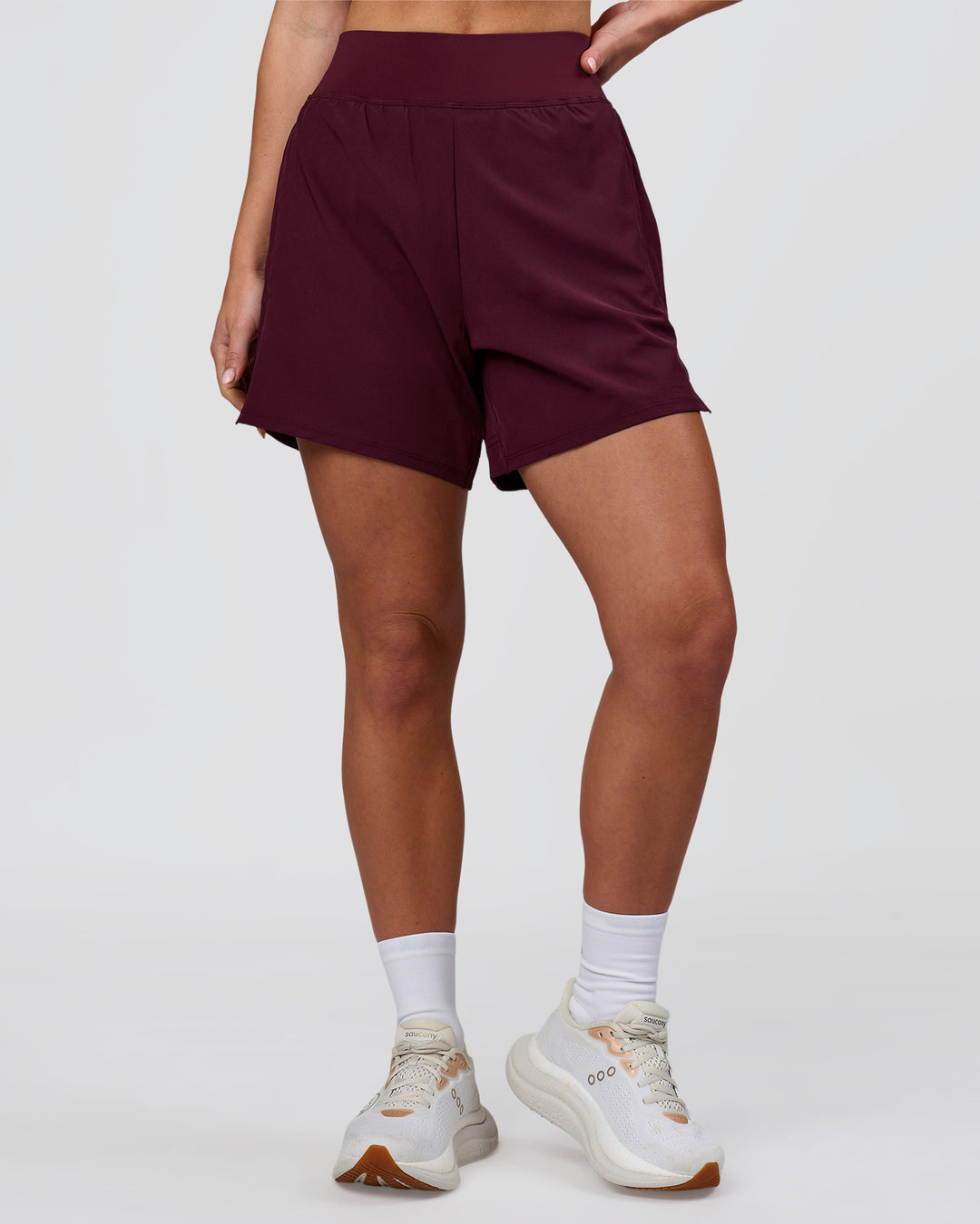 Woman wearing Challenger 5" Lined Performance Short - Cherry Lacquer | Model:Issy | Size:XS - view 2