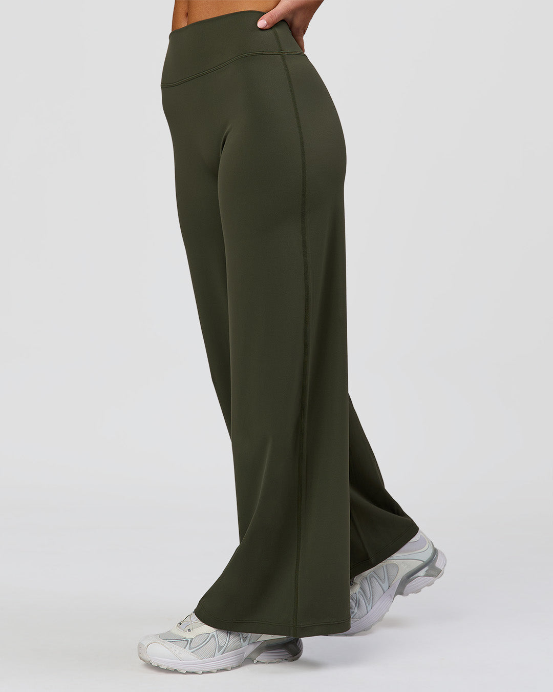 Woman wearing Elixir High-Rise Petite Pant - Pure Olive | Model:Issy | Size:XS - view 10