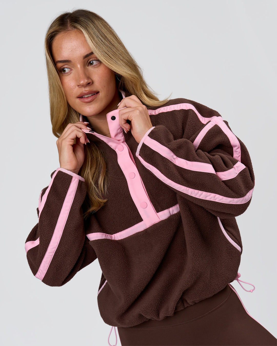 Woman wearing Expedition Pop Over - Hot Chocolate-Pink Rose | Model:Issy | Size:XS - view 2