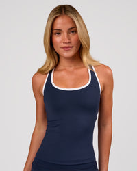 Woman wearing Flow Rep Scoop Neck Tank - Future Navy-White | Model:Issy | Size:XS | Thumbnail Index: 1