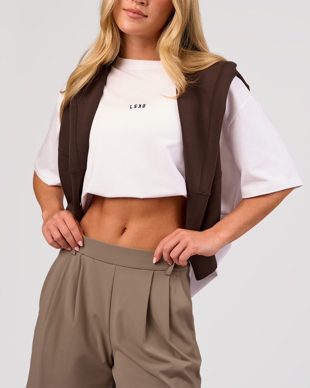 Woman wearing Go-To FLXCotton Oversized Tee - White-Black | Model:Issy | Size:XS - view 8