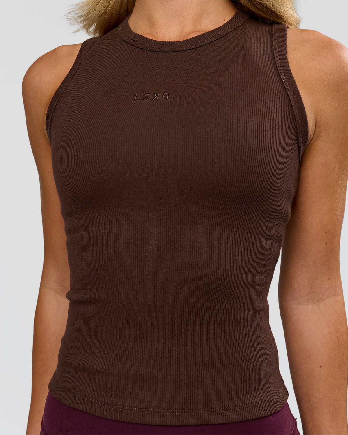 Woman wearing Go-To FLXCotton Rib High Neck Tank - Hot Chocolate | Model:Issy | Size:XS - view 2