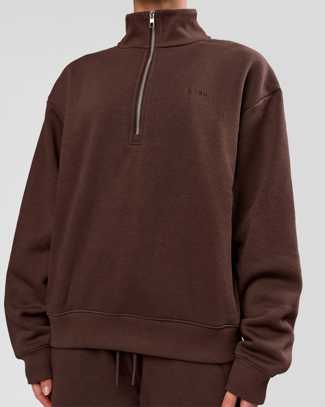 Woman wearing Go-To Oversized Quarter Zip Sweater - Hot Chocolate | Model:Issy | Size:XS - view 7